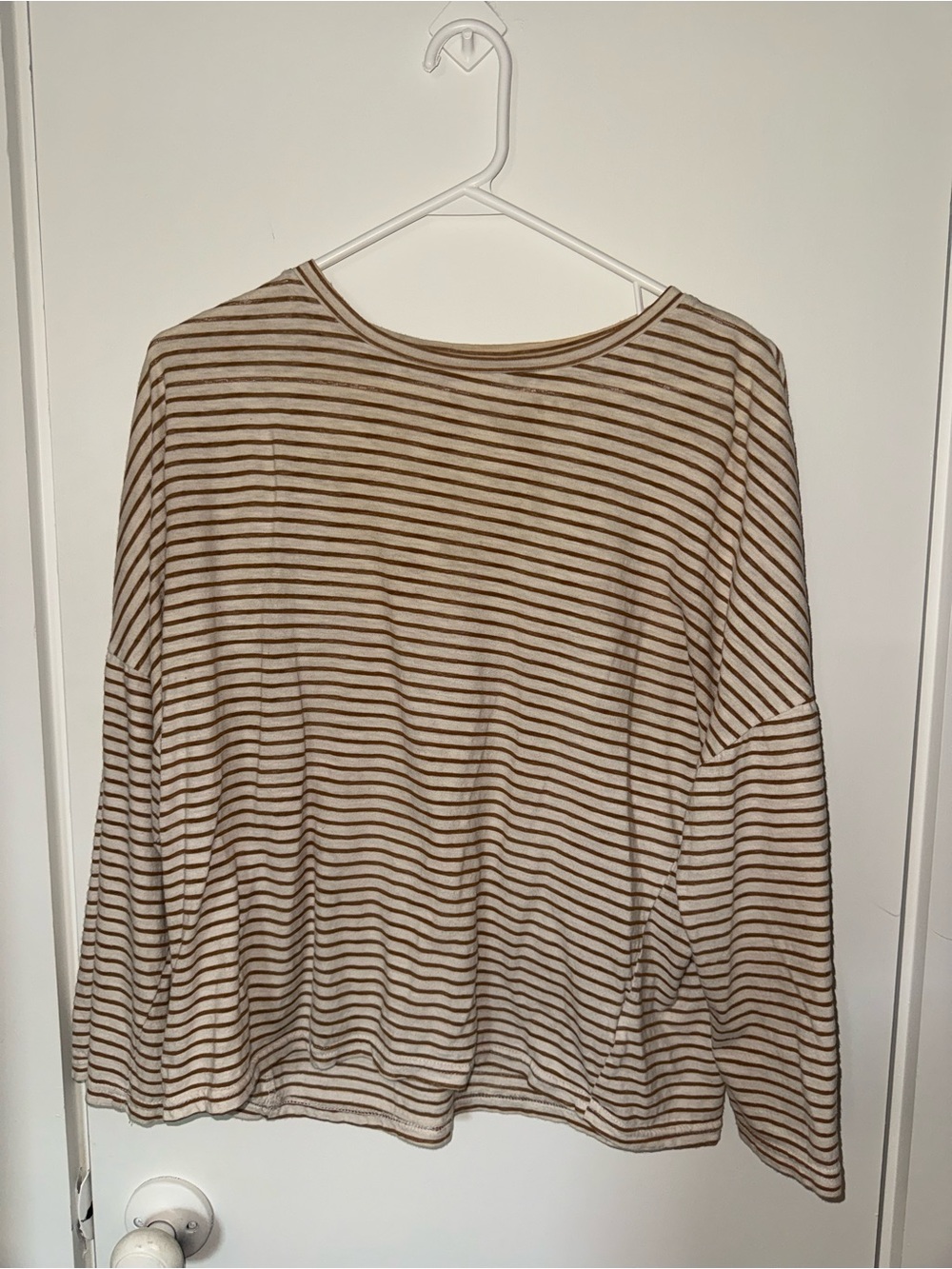 Striped Relaxed Long-Sleeve Top in Cream and Brown
